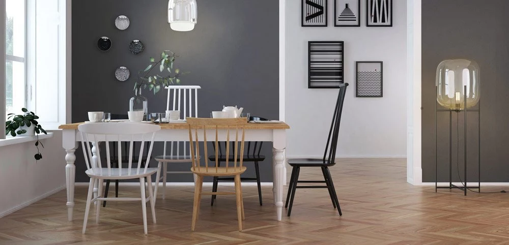 Stół Nicea biały z dębowym blatem i krzesłami bukowymi